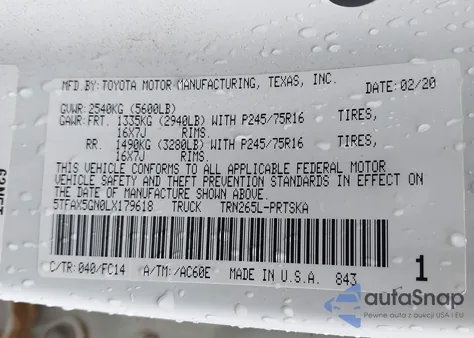 2020 Toyota Tacoma Sr5 z USA, uszkodzony, nr VIN 5TFAX5GN0LX179618